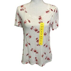 Lucky Brand Floral Tee Small Pink White Cottagecore Scoop Neck‎ Top